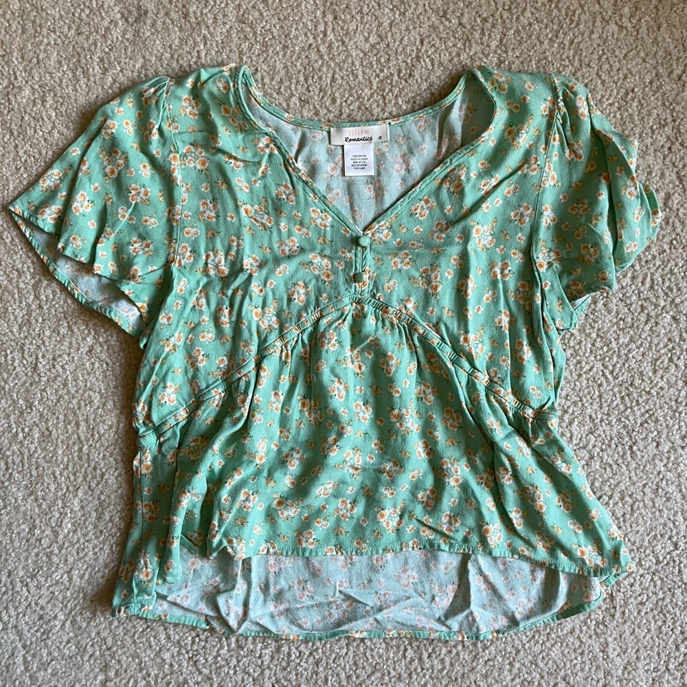 Teal and yellow floral top